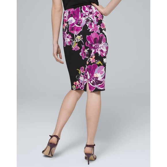 WHBM Size 12 Skirt Pencil Back Zip Slit Purple Floral Stretch Lined Below Knee - Picture 6 of 6
